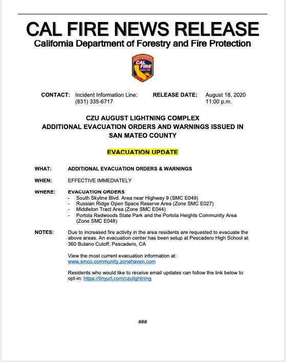 Aug 19 Evacuations in San Mateo County