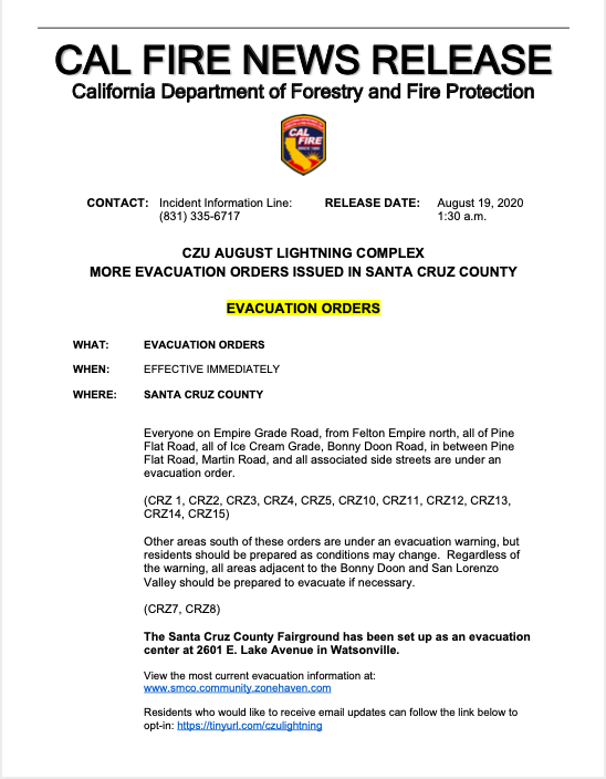 Santa Cruz County 1:30am evacuation